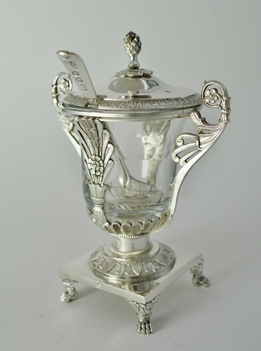 Antique French Sterling Silver Crystal Mustard Pot & Spoon with Handles 19th C - Picture 13 of 13
