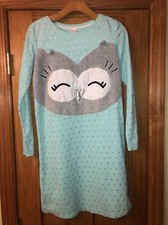 Cat And Jack Girls Owl Night Gown XL 14/16 Teal Silver Soft Fuzzy Longsleeve