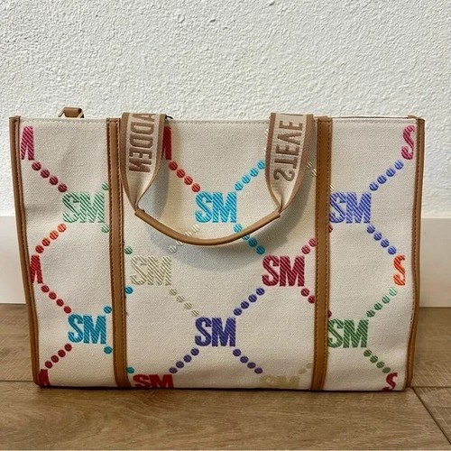 New Steve Madden Bantam Cream Multi-Color Monogram Tote Bag + Coin Purse – Rare