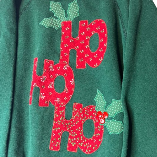 VTG Christmas Sweatshirt Women's XL Ho Ho Ho Collar Hanes Green Red Holiday Xmas - Picture 2 of 8