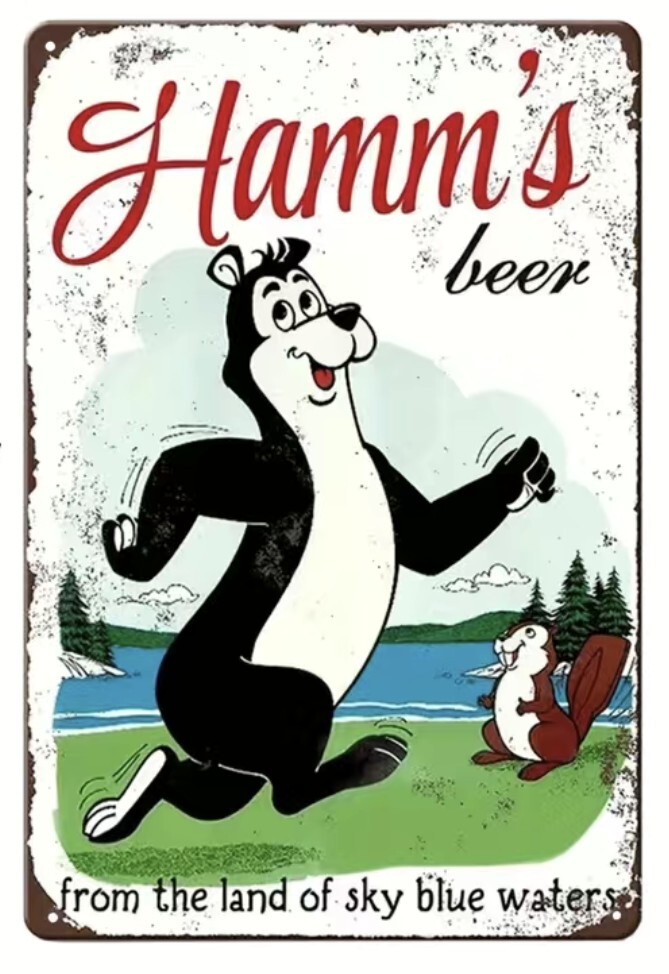 Hamm's BEER BAR SIGN ハムズベア サイン Hamm's Beer Bears Fishing 8x12 Tin Metal Sign - Vintage
