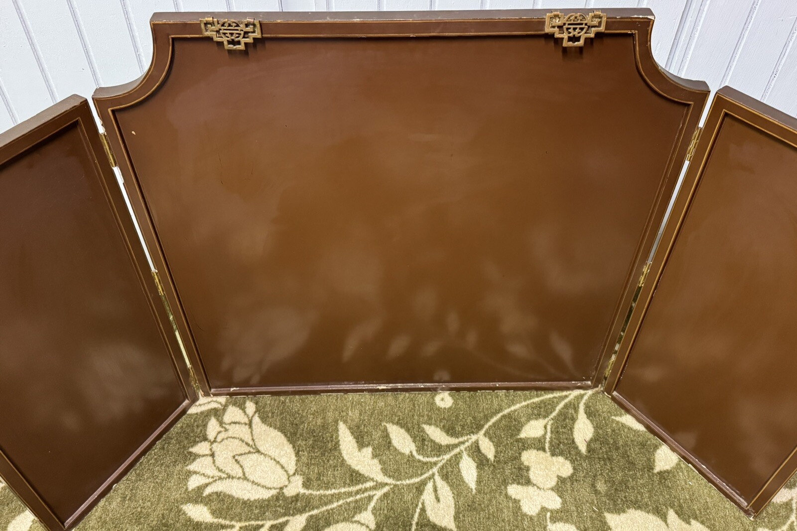 Vintage Chinese 3 Panel Screen Wall Art Inlaid Deities Village Scene Gold Accent