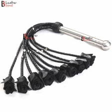 Rose Flogger Cowhide Leather 9 Braided Falls Heavy Black Roses & Steel Handle