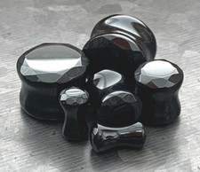 PAIR Faceted Black Agate Stone Plugs Gauges Natural Organic Body Jewelry