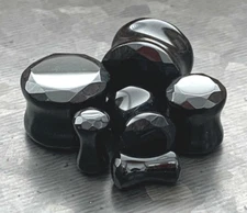 PAIR Faceted Black Agate Stone Plugs Gauges Natural Organic Body Jewelry
