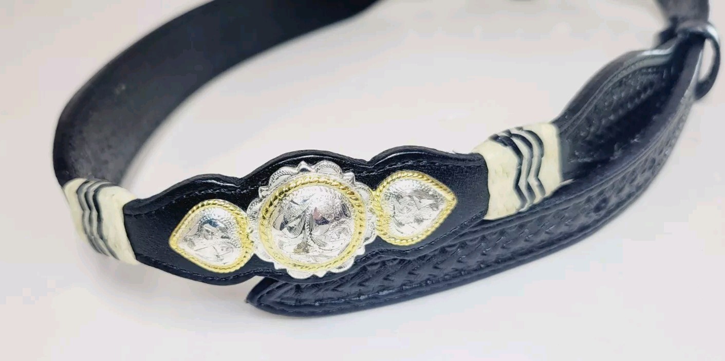 Womens Double S Black Genuine Leather Belt Silver & Gold Tone Plated S 32