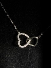 925 Sterling Silver Double Heart Necklace   CZ Accents 18  Chain   Perfect Gift