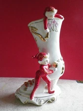 Vtg Lipper & Mann Christmas Red Pixie Elves Ceramic Shoe Vase Figurine