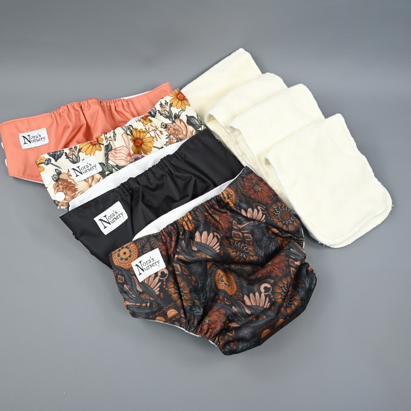 Nora's Nursery 4 Cloth Diapers Inserts Ajustable Button Snap 2 Florals 2 Solids