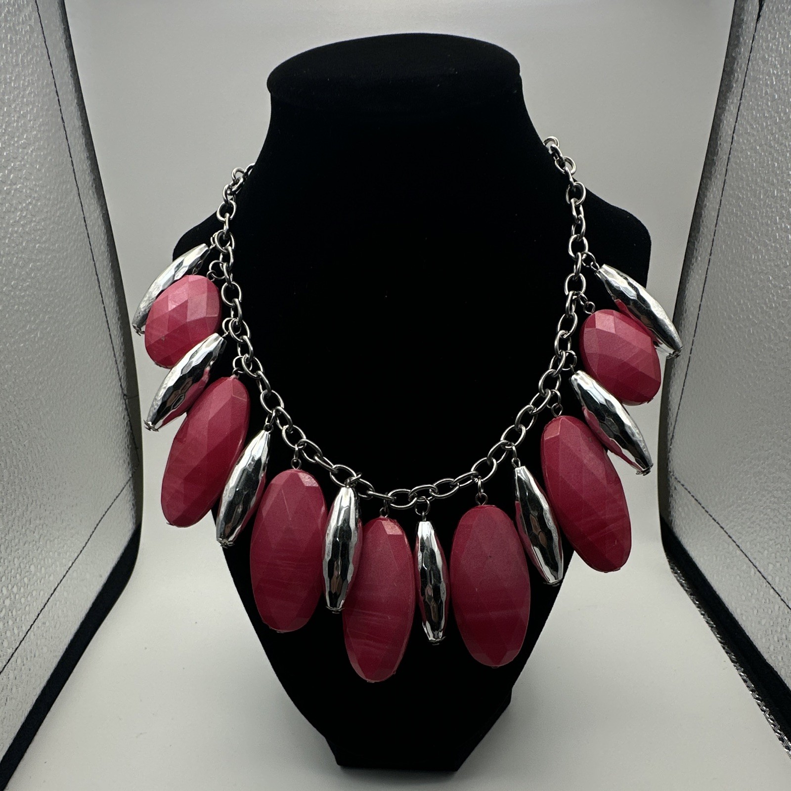 Silver-Tone Cable Chain Statement Necklace Pink Oval Beads Dangles Adjustable
