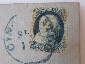 Vintage One 1 cent Blue Franklin Stamp -   letter is  dated 1852 - Ungraded