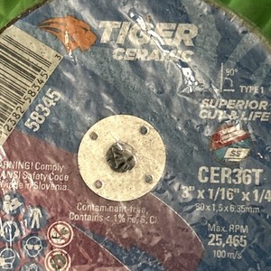 3" x 1/16" TIGER CERAMIC Type 1 Cut-Off Wheel, CER36T 58345 