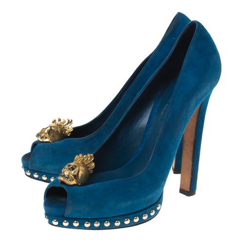Alexander McQueen Blue Suede Crystal Embellished Skull Peep Toe Platform Pumps - Picture 4 of 8