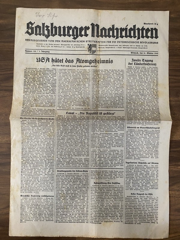 October 1945 Salzburger Nachrichten Newspaper - Post-WWII US Occupation - Rare