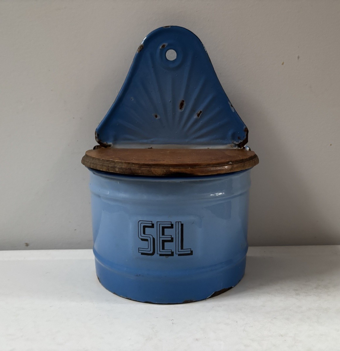 Antique French Blue Enamelware SEL Salt Storage Dispenser Tin Box