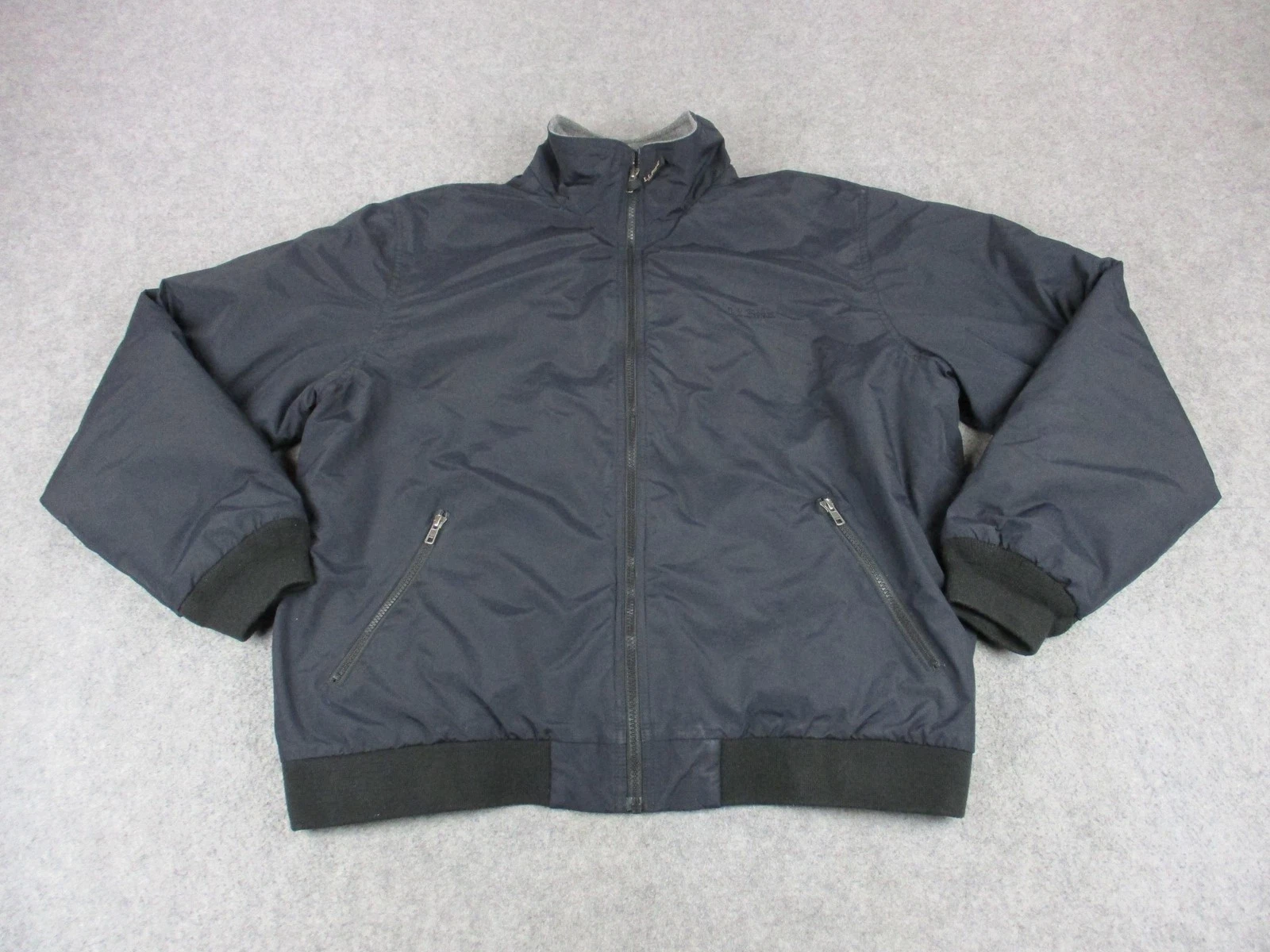LL Bean Jacket Mens XL Black Nylon Bomber Fleece Lined Insulated Full Zip Coat