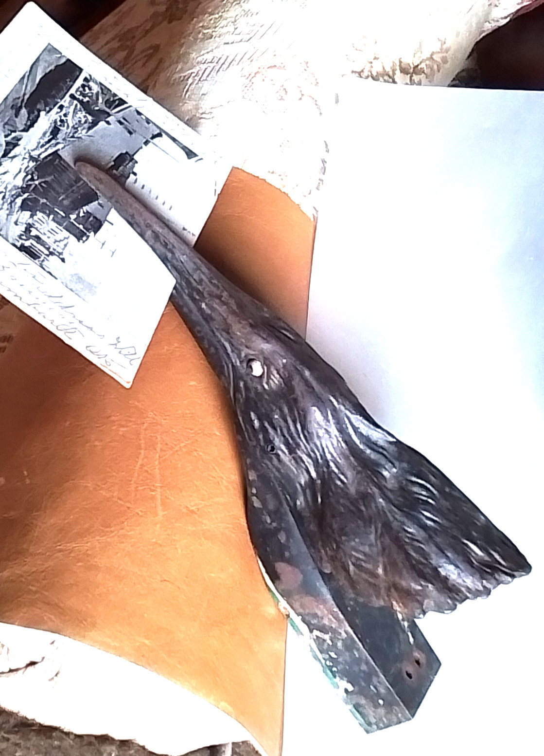 Antique Cast Iron RAVEN'S HEAD 8" Messenger ☆ Beak Holds Cards & Letters