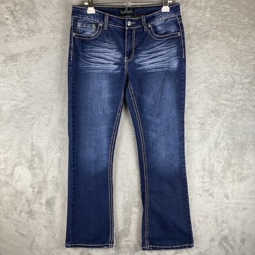 Royalty Jeans Womens 10 Blue Denim Bootcut Embellished Flap Pockets Thick Stitch