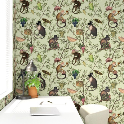 Spoonflower Wallpaper 2 Rolls Nostalgic Garden Party Monkeys Pre-Pasted 2' x 9 