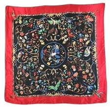 100 Silk Scarf Red/Blue Floral Print Square Scarf 36"  35" 