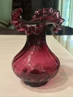 Fenton Hand Blown “Country Cranberry” Double Crimped Ruffled Vase 8" H Vintage