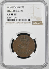 1810 NORWAY 2 SKILLING LEGEND REVERSE NGC CERTIFIED COIN AU 58 BN