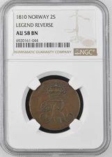 1810 NORWAY 2 SKILLING LEGEND REVERSE NGC CERTIFIED COIN AU 58 BN