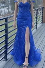 Sherri Hill Royal Blue Lace sequin Corset Gown Mermaid Prom Pageant Dress Sz 12