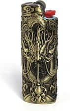 Vintage Dragon Metal Lighter Case Cover, Engraved Sleeve Pouch for BIC Full Size
