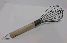VINTAGE FRENCH WIRE WHIP WHISK WOODEN HANDLE KITCHEN UTENSIL 12” Farmhouse Decor