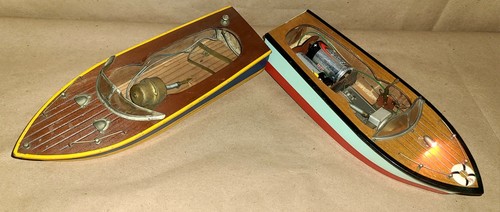 2 Vintage wooden Toy Boat Japan Battery Operated Speedboat Light/motor Work 9.5"