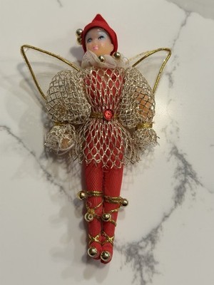 Rare 1960 s Pixie Elf Fairy Ornament Red Gold Bell s Wings Kitschy B1