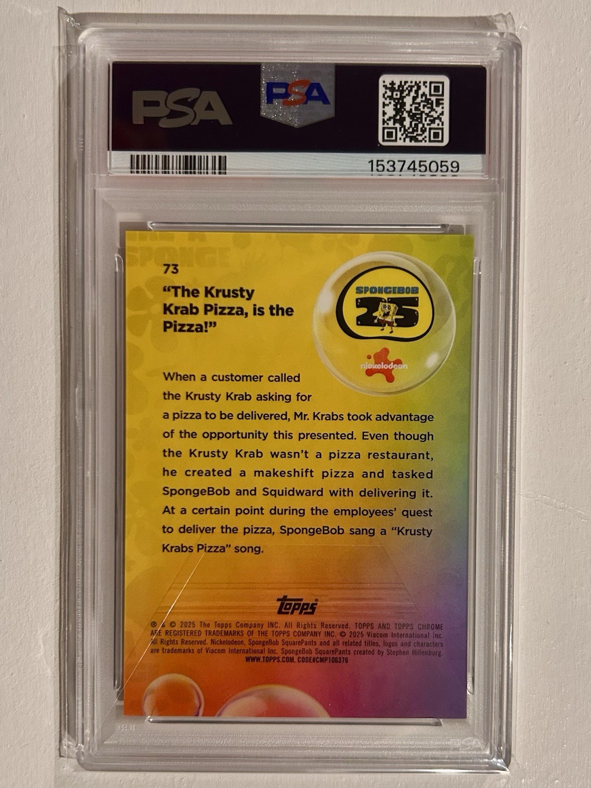 2025 SPONGEBOB SAPPHIRE BLACK #73 "THE KRUSTY KRAB PIZZA IS THE PIZZA" /10 PSA 9 view 2