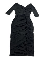 Unique Vintage Ruched Midi Dress in Black