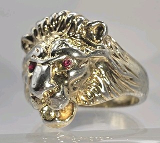 14k Yellow Gold G.E. Lion Head Diamond & Ruby Red Eyes 3D Leo Ring Size 8.5