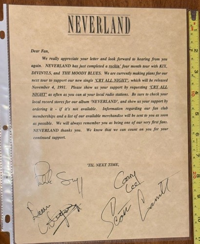Penna Auto Vintage ORIGINALE Rock Band "Neverland" 8x10 Anni 90 Bio Firmata