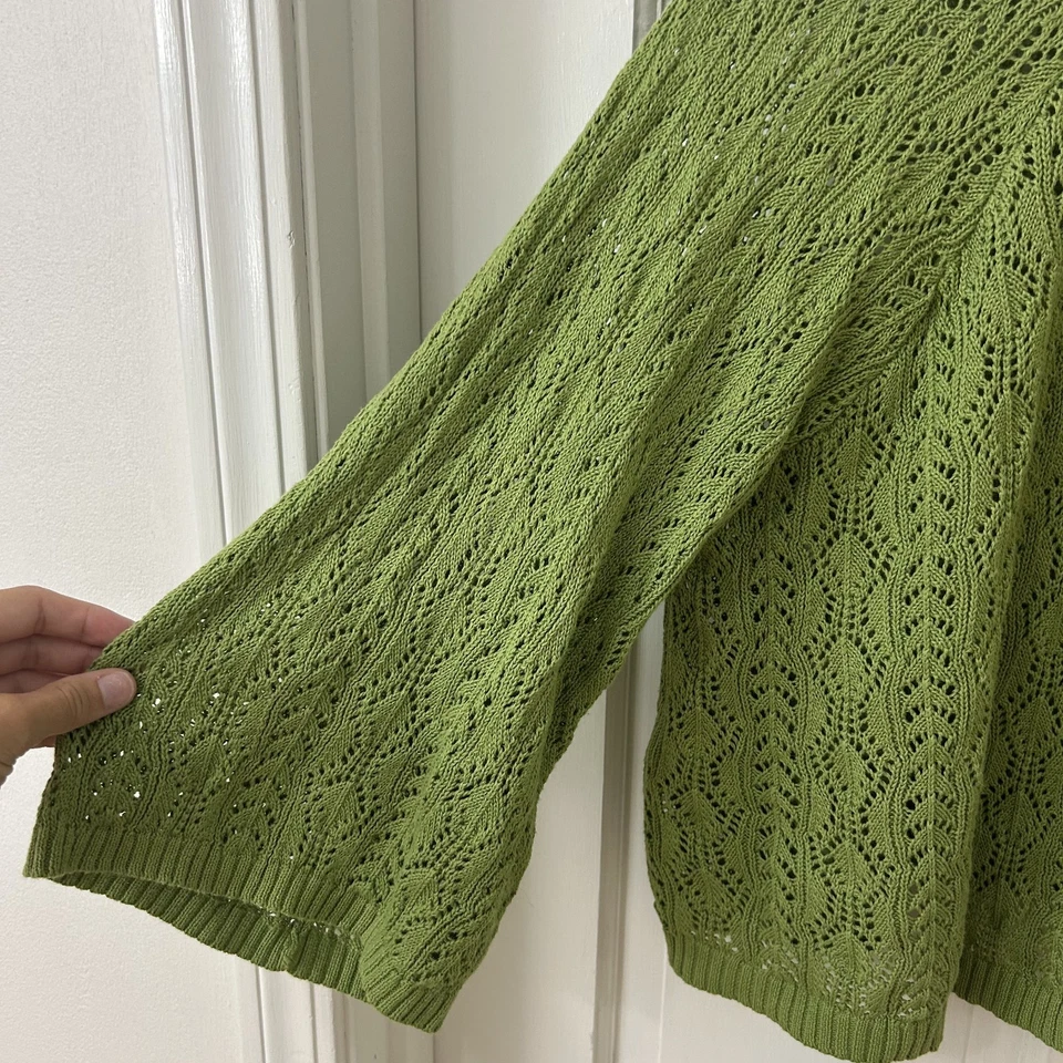 Cárdigan Estilo Capa RQT Boho Teacher Tejido Abierto Fluido Crochet Suéter Verde Talla XL Foto 3 de 4