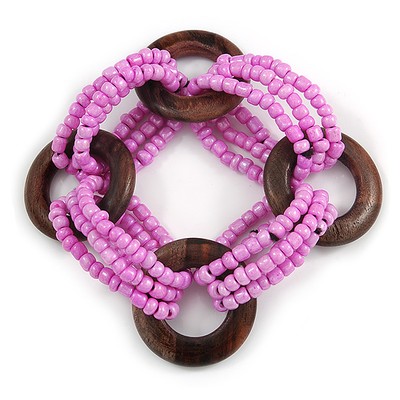 Mehrstrangiges perlmuttfarbenes rosa Glasperlen mit Holzringen Flexarmband - Medium