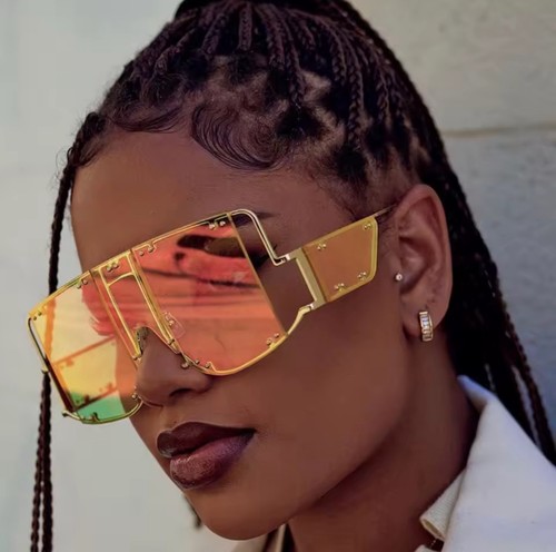 Oversized Rimless Square Sunglasses Lux Orange Green Gradient Shield Punk Fancy - Picture 11 of 24