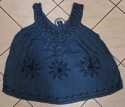 NWT Emily Stacy Sequins Embroidery Lightweight Airy Babydoll Tank Top 1X-2X 