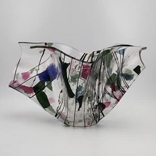 VTG Abstact Fused Glass Handkerchief Bowl Vase Multi Color Handmade Art Glass