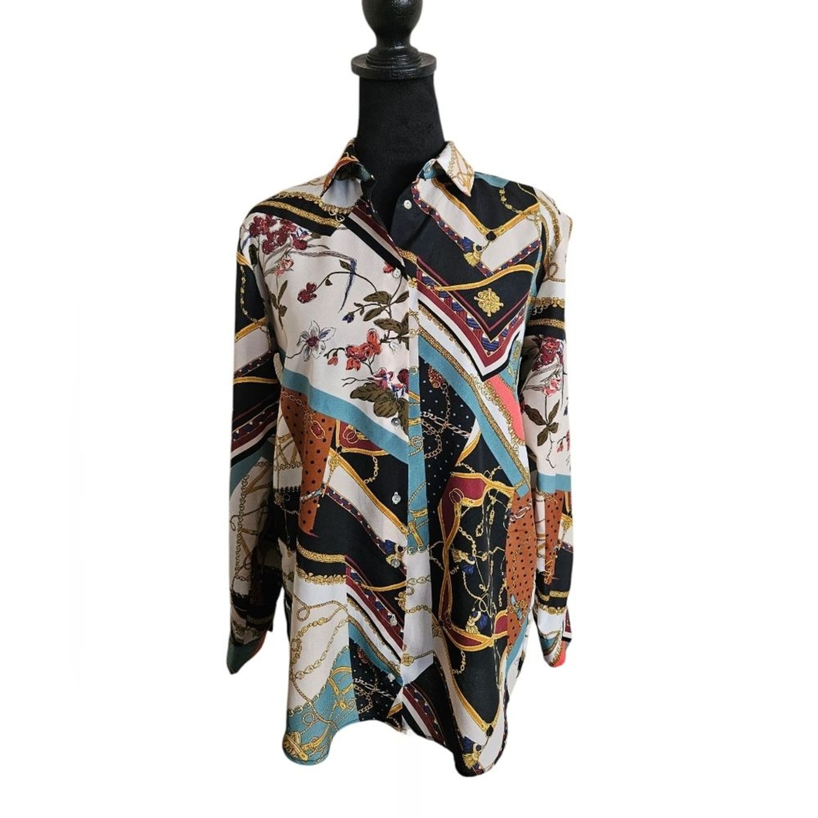 Zara Basic Chain Patchwork Scarf Flowy Blouse Siz… - image 2