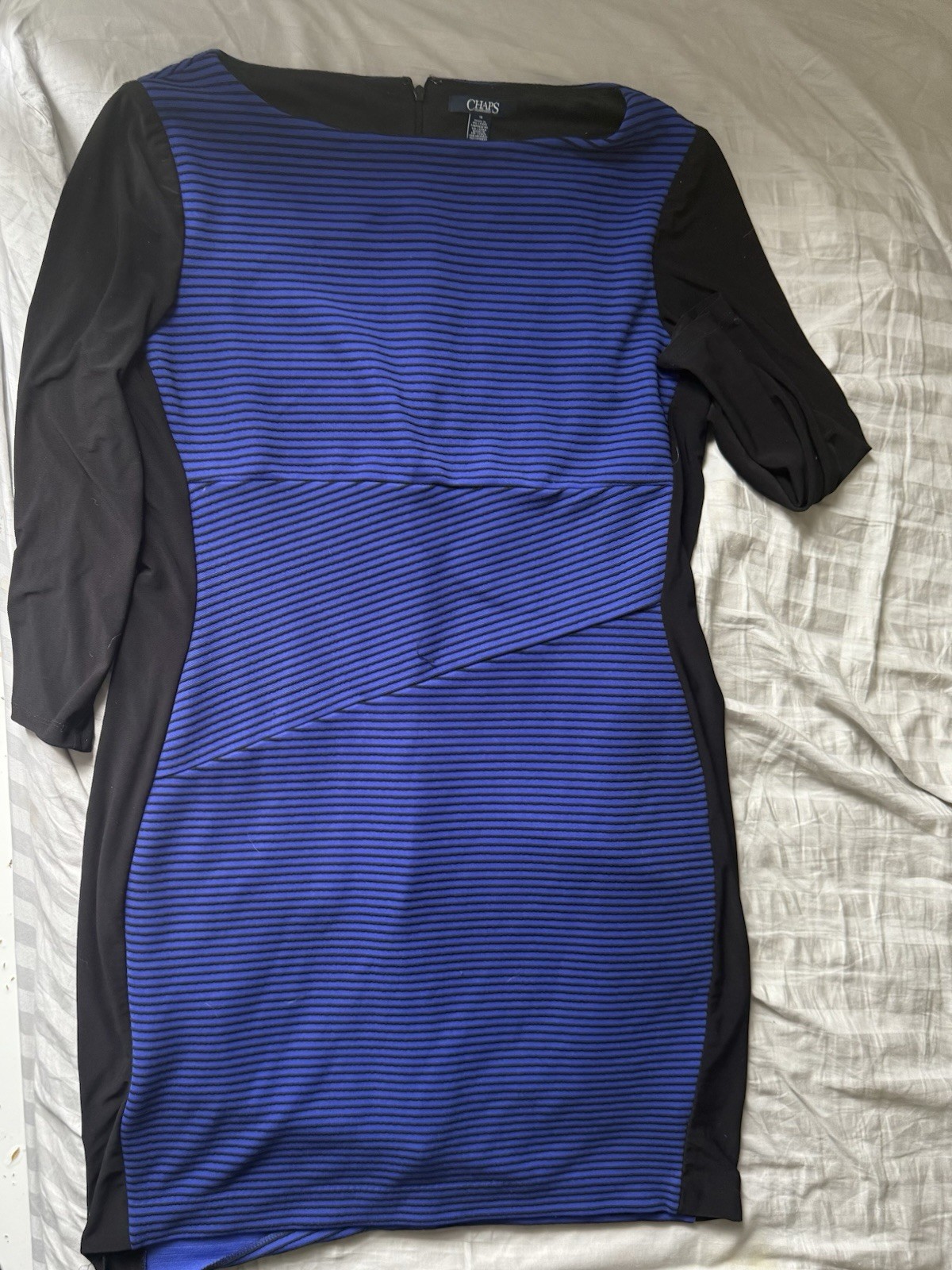 Chaps Dress Stretch Fitted Striped Black Blue Women's Size 16 Back Zip Slimming