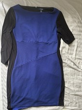 Chaps Dress Stretch Fitted Striped Black Blue Women's Size 16 Back Zip Slimming