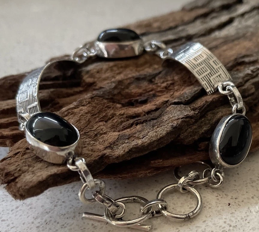 Pulsera Piedras Preciosas Ónix Negro 19cm Largo-Plata de Ley 925 Chapada-Nueva Foto 2 de 4