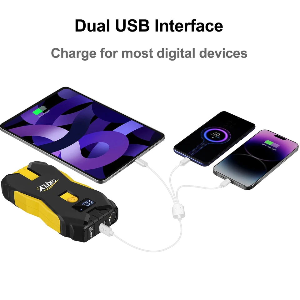 Starthilfe tragbar 2000A 18800mAh Gelb/Schwarz USB-Ausgänge LED kompakt mobil - Bild 2 von 4