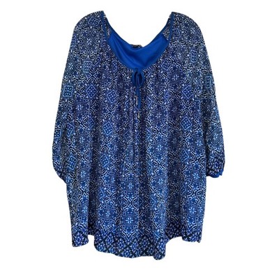 ZAC & RACHEL WOMAN Blue Floral Blouse Tie Neck 3/4 Sleeve Blue 2X Lined