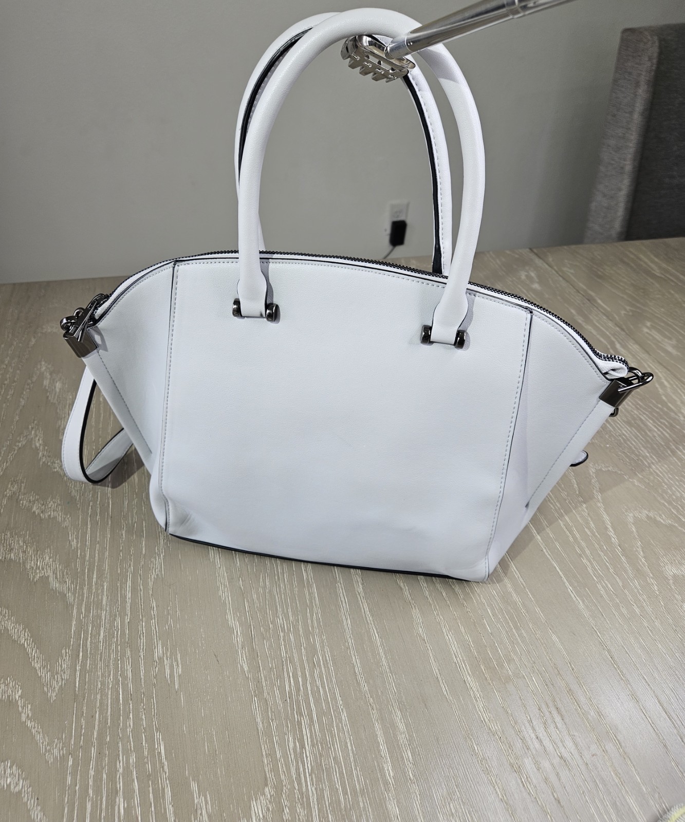A New Day Satchel Crossbody Handbag Purse Bag White Faux Leather Zipper Closure