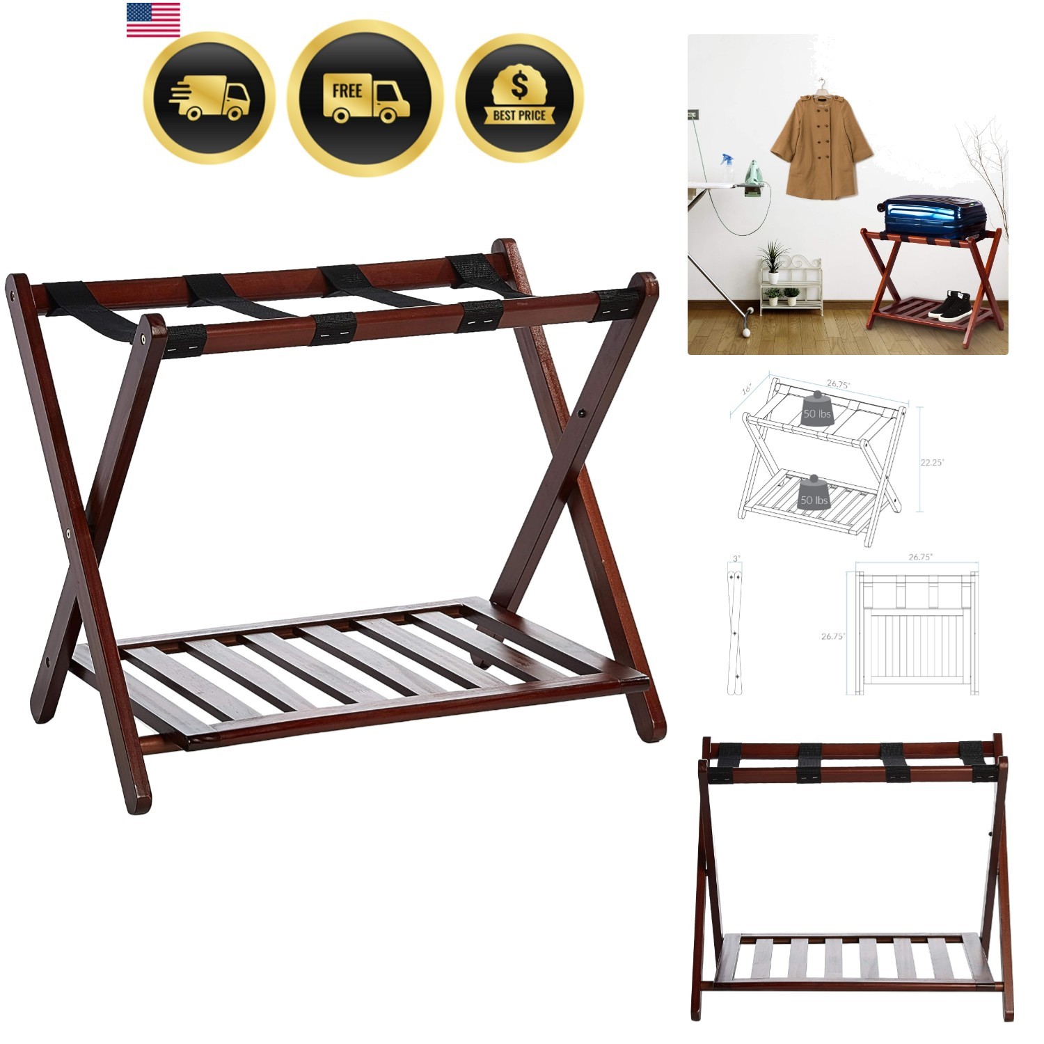 Luggage Rack, Walnut, Solid Wood