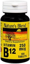 VITAMIN B12 250MCG 100 Count All Natures Blend Gluten Free American Made